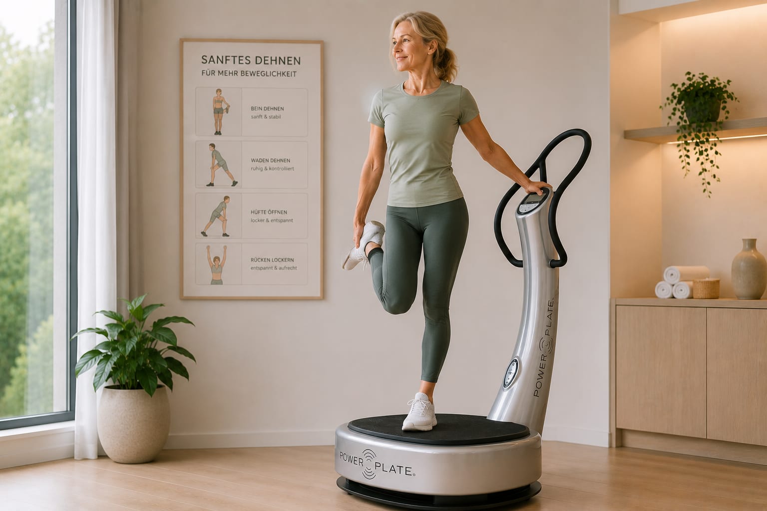 Frau dehnt sich auf einer Power Plate – sanfte Rehabilitation