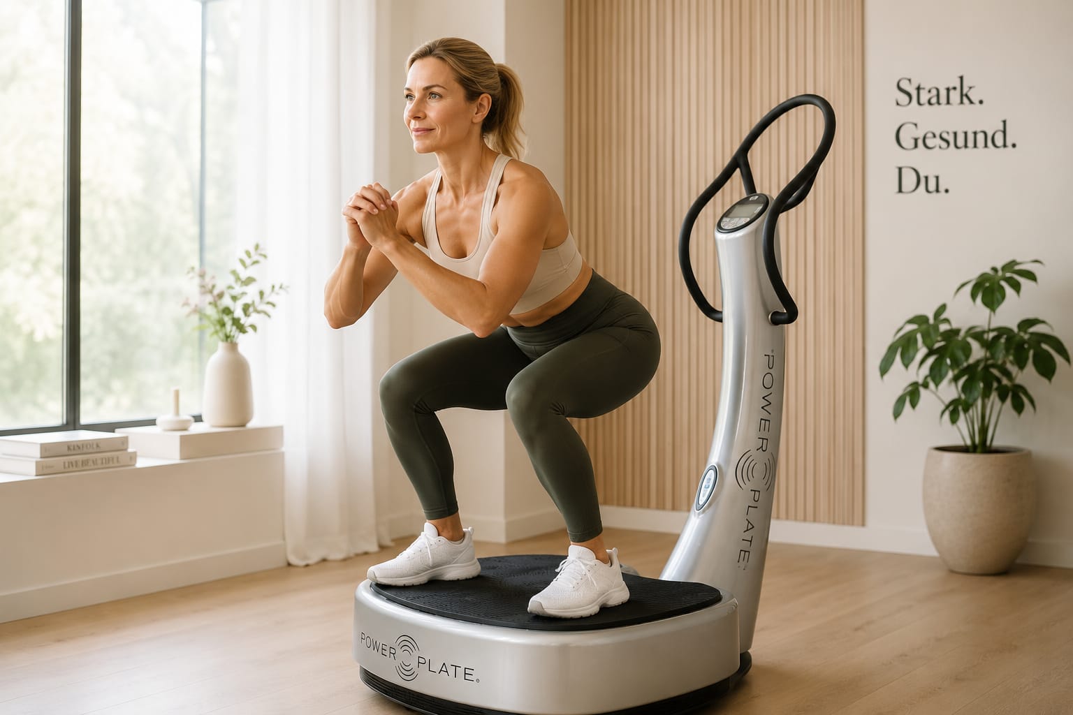 Frau trainiert auf einer Power Plate – Fitness & Figur