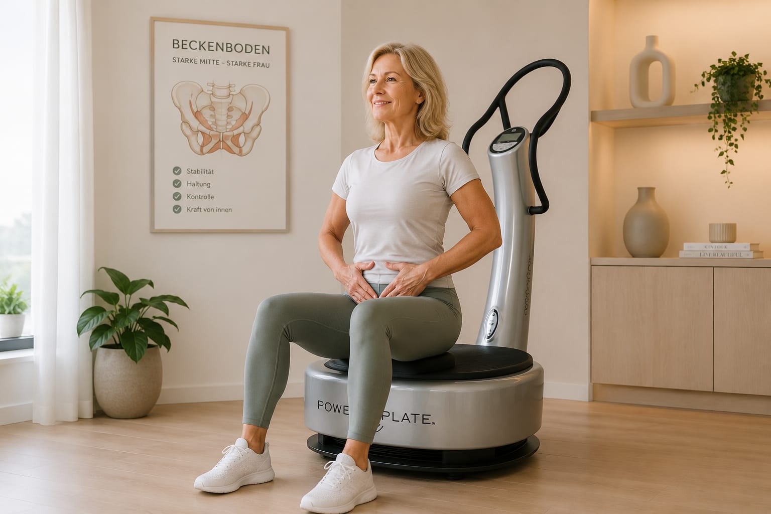 Frau sitzt entspannt auf einer Power Plate – Beweglichkeit bis ins hohe Alter